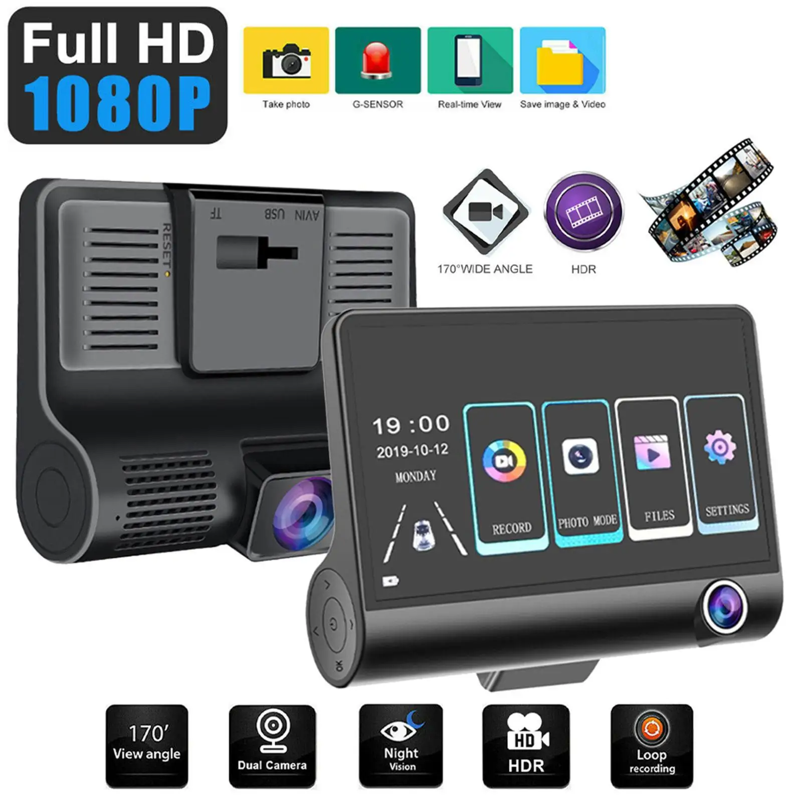 HD 1080P 3 Lens Dash Camera 4" Screen Dash Cam Car Front Recorder Inside Cam Loop Recording DVR G-Sensor Rear Video J4M1