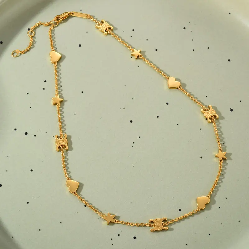 

Fashion 925 Silver Heart Star Triumphal Arch Charm Necklace Chic18K 14KGold Plated Color Flower Small Pendant Neck Chain Choker