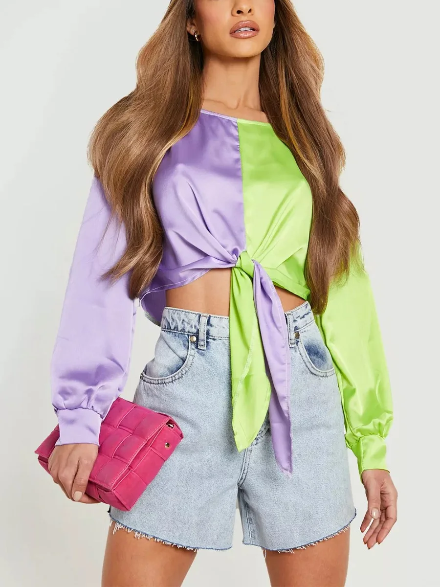 

Blouses Or Tops For Women 2022 Round Neck Long Sleeve Waist Tie Stain Blouse Street Style Contrast Color Patchwork Sexy Crop Top