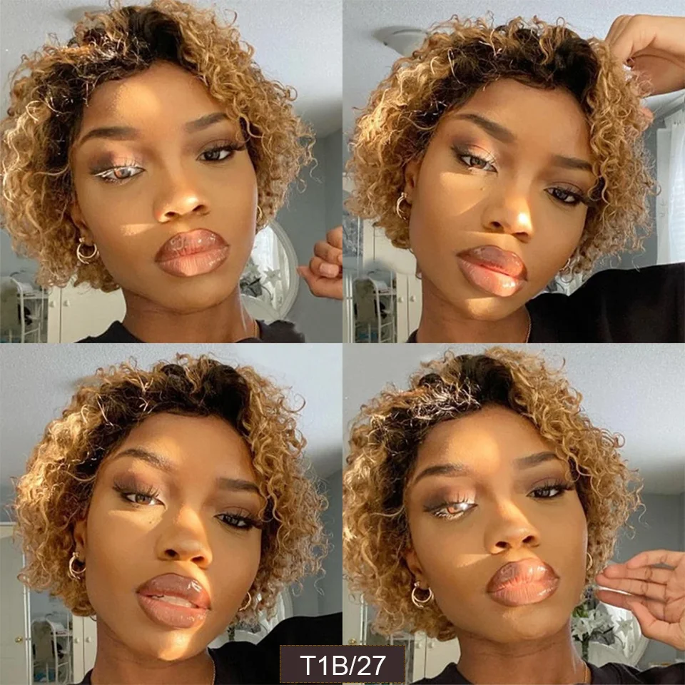Debut Lace Front Human Hair Wigs Ombre Short Curly Bob Human Hair Wigs 99J Red Pixie Cut Lace Part Human Hair Cheap Full Wigs images - 6