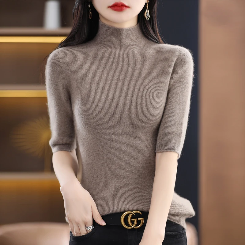 

Summer New Short Sleeve Women's Sweater T-shirt Solid Color Knitted Slim Fit Sexy Half High Neck 100% Pure Wool Women's Pullover