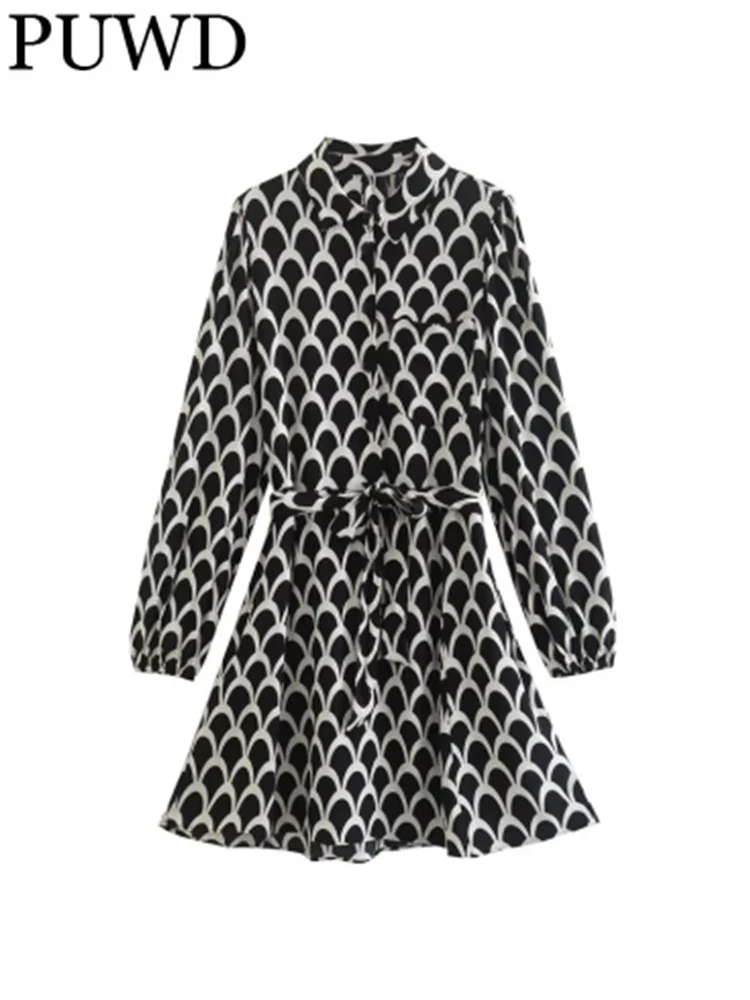 

PUWD Women Black Polo Neck With Belt Printed Dress 2022 Autumn Fashion Girls Casual Girls Long Sleeves Dress