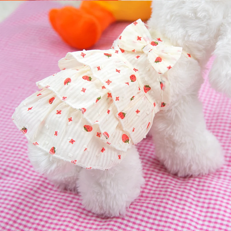 

Summer Puppy Dog Clothing Cute Strawberry Print Bow Sling Vest Dress For Small Medium Dog Chihuahua Teddy Pet Dog Clothes Skirt
