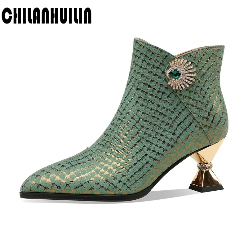 

autumn winter women boots printed stylish shoes genuine leather ankle boots ladies crystal high heels zipper boots green silver