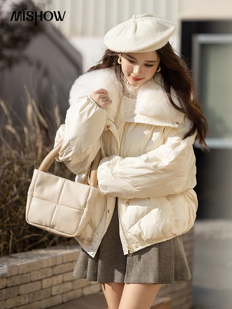 MISHOW Women Jacket Fox Fur Collar 90 White Duck Down Coats 2022 Winter Thicken Warm Parkas Loose Zipper Outerwear MXB49Y0172