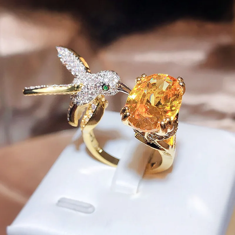 

Creative Colored Gemstone Women Ring Simulating St. Mary's Aquamarine Hummingbird Ring 925 Stamp Wedding Party Fashion Jewellery