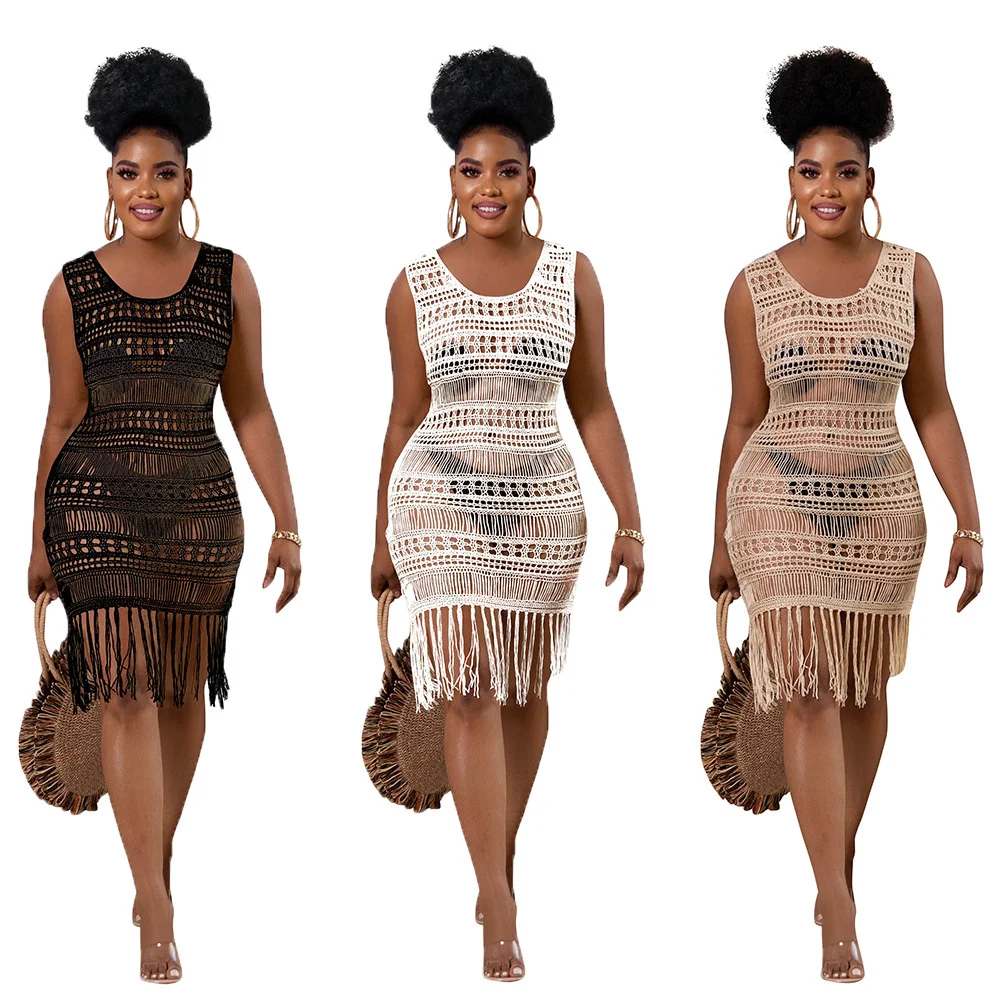

PING ZHAO Sexy See Through sleeveless Knitted Maxi Beach Dress Vacation Crochet Hollow Out Bodycon Tassel Dresses Vestidos