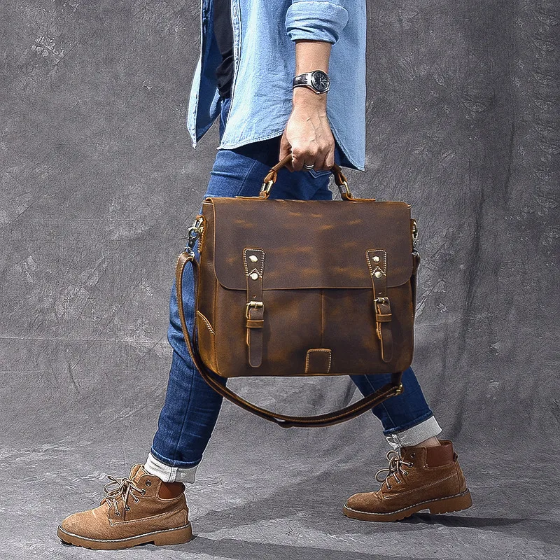 Business vintage crazy horse cowhide men's briefcase luxury genuine leather handbag lawyer office laptop shoulder messenger bag