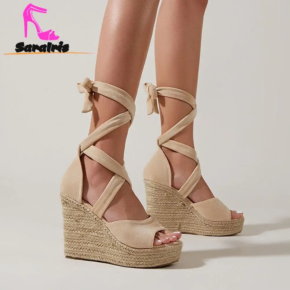 Wedge High Heeled Women's Sandals 2023 Hot European Style Fish Open Toe Vintage Straw Sandals Slipper Summer Comfy Walking Shoes