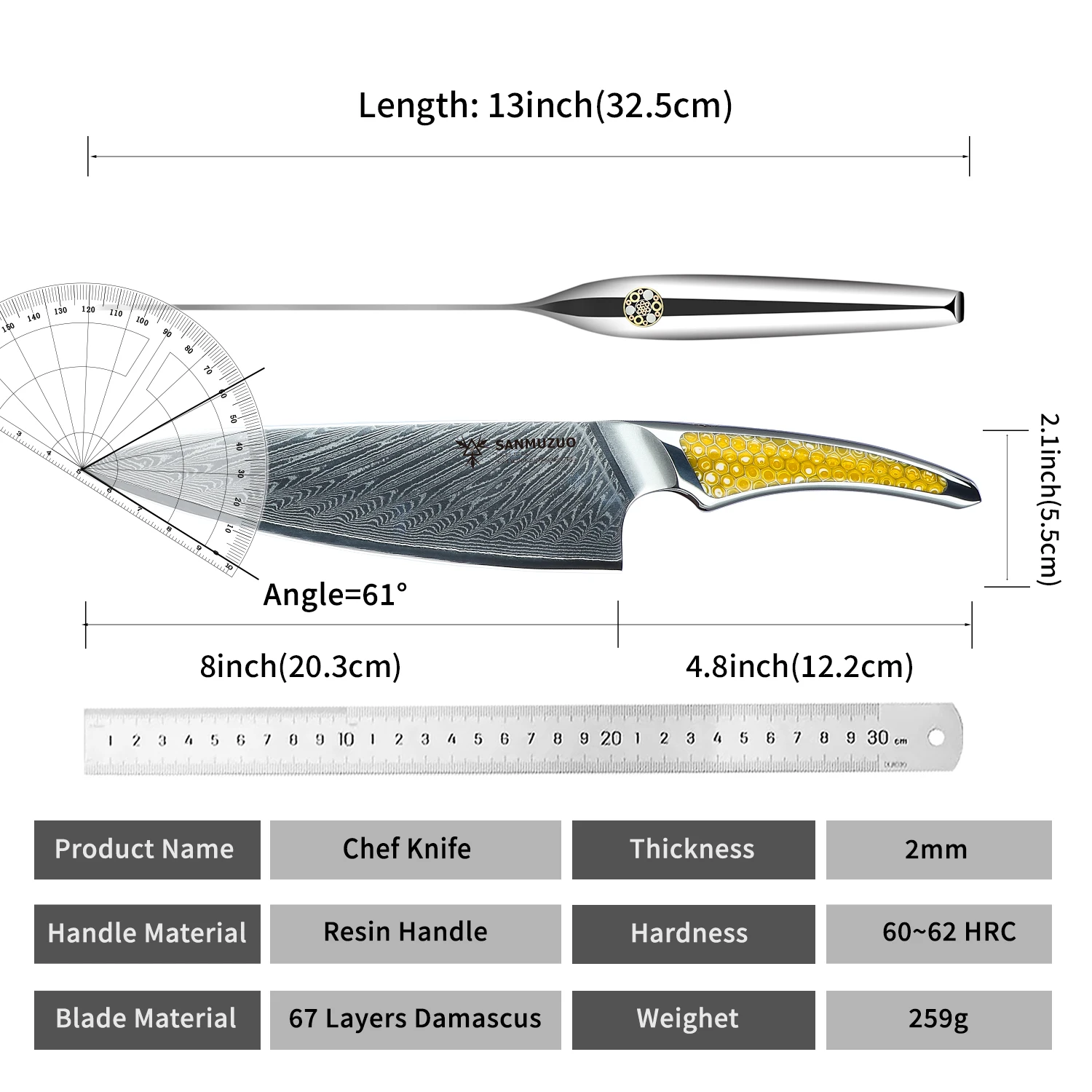 SANMUZUO 8-дюймовый нож шеф-повара японский кухонный из дамасской стали VG-10 ручка