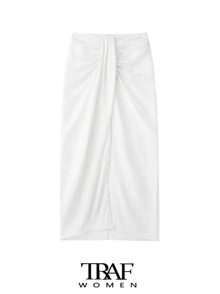 

TRAF Women Fashion Front Knot With Pleats Slit Hem Linen Midi Skirt Vintage High Waist Back Zipper Female Skirts Mujer