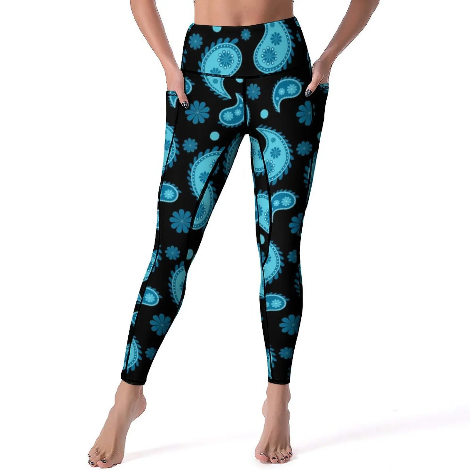 

Blue Paisley Yoga Pants Pockets Vintage Floral Print Leggings Sexy High Waist Yoga Sports Tights Quick-Dry Design Gym Leggins