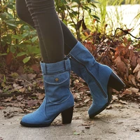 women high heel cowboy boots blue jeans boots mid rise rome solid chunky med heels boots wild vintage large size ladies shoe