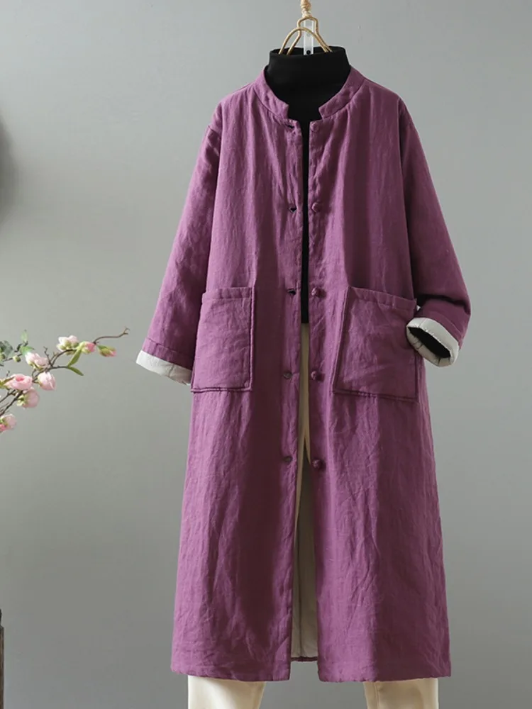 Китайский Sle Stone Washed Фиолетовый Льняной Куртка на Хлопковой Подкладке Тренч