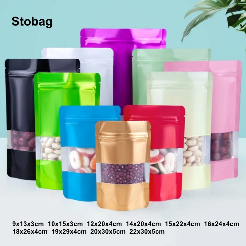 

StoBag 100pcs Matte Color Food Packaging Ziplock Bag with Window Stand Up Sealing for Snack Nuts Beans Storage Reusable Pouches