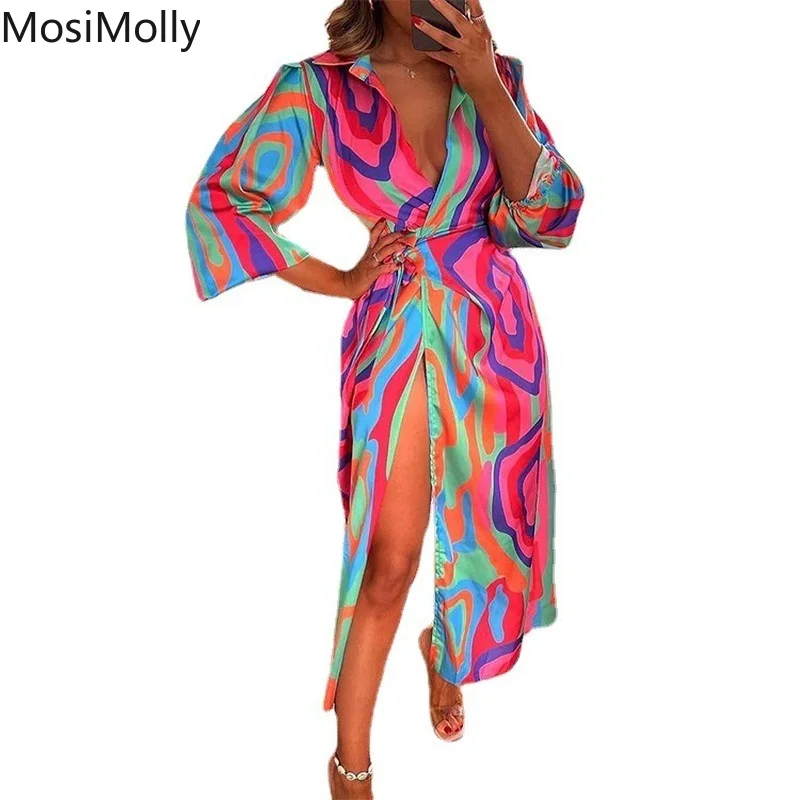 

MosiMolly 2022 Trendy Print Dress Wrap Bow Midi Dress Boho Beach Dress Lantern Sleeve Shirt Dress Split Dress Female Vestidos