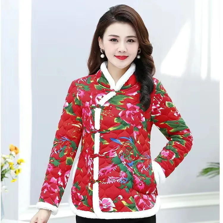 Ladies Big Floral Jacket Warm Camel Wool Mother Short Cotton Jacket Fashion Thickened Retro Skirt Net Red Little Floral Jacket