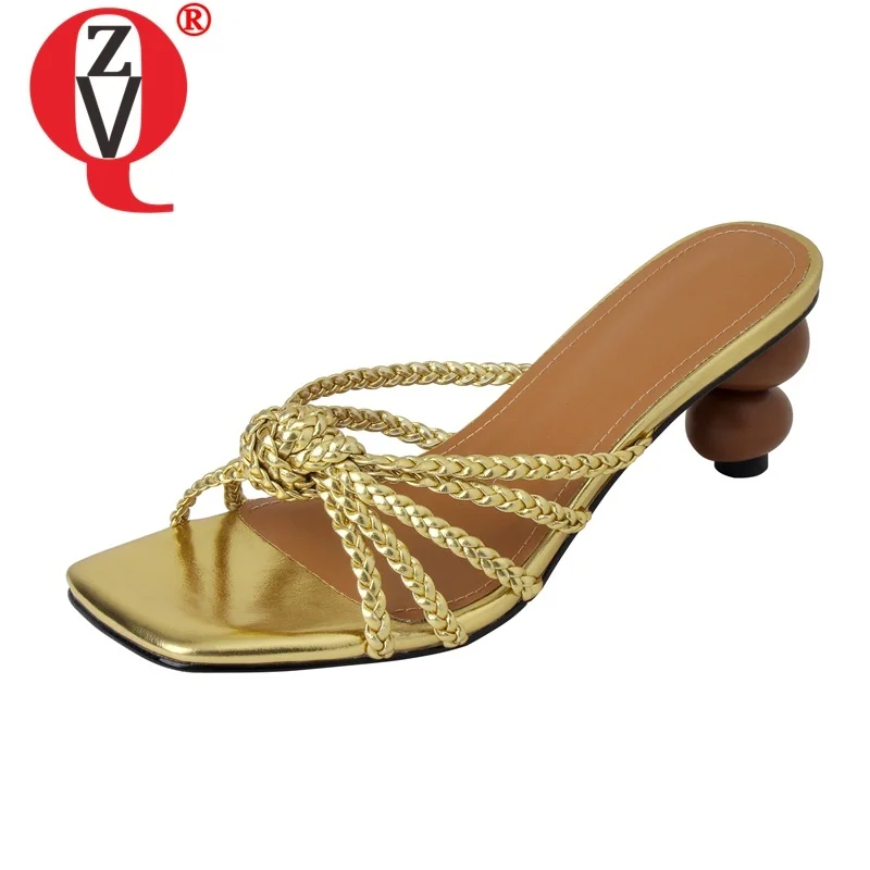 

ZVQ New Style Fashion Slippers 2 Kind Heel Height Gold Color Shoes Ladies Summer Open Toe Outside Walking Pumps Party Footwear
