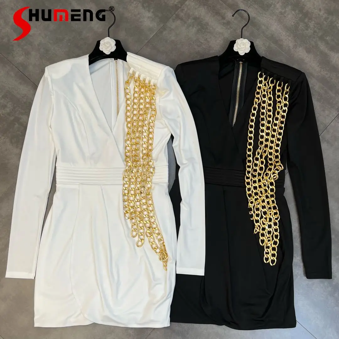 

Spring 2022 V Neck Padded Shoulder Long Sleeve Chain Decoration White Short Dress Ladies Graceful Slimming Pullover Dress Women