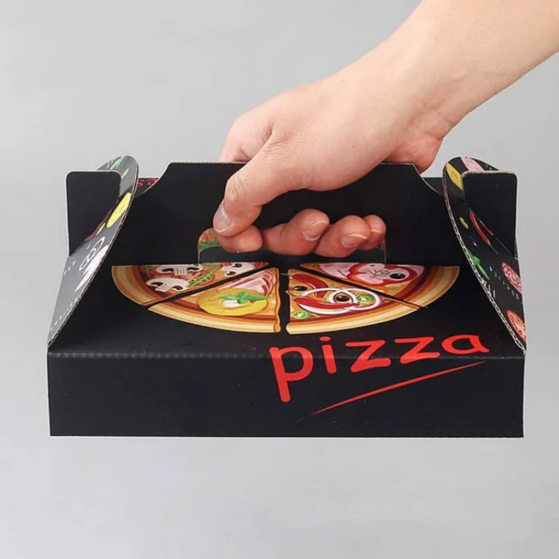 

Wholesale custom printed 8 10 12 inch black eco friendly food corrugated paper packaging carton box for pizza with handle