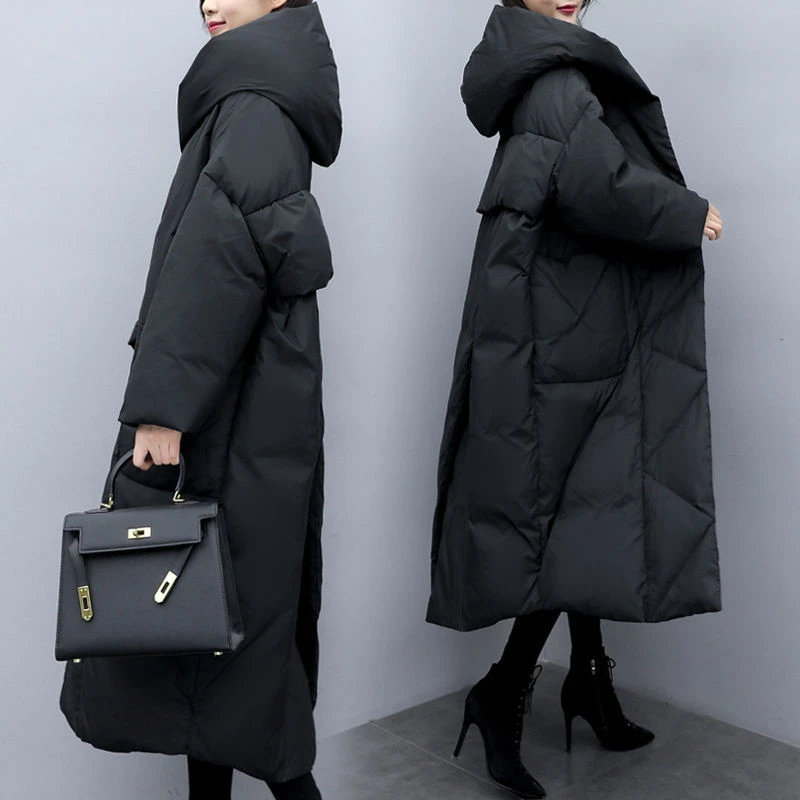 black Parkas X-long Large Coat Korean Style Loose Over Knee Women's Padded Jacket Women Thicken Parka Down Jackets Cotton Coats