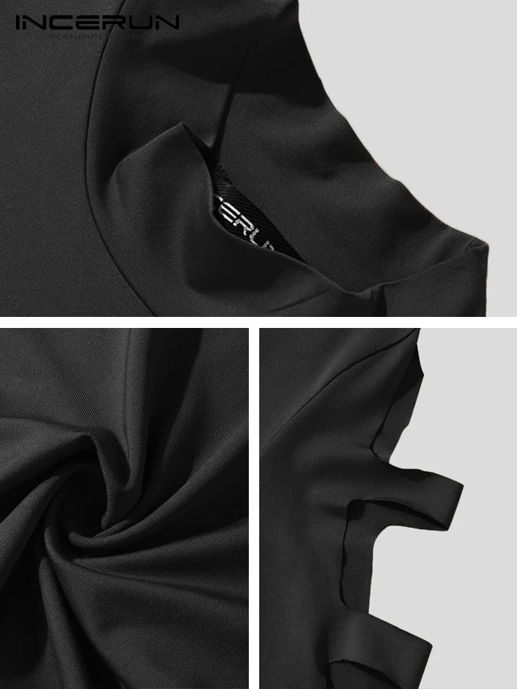 Stylish Casual Men's Bodysuit INCERUN Long Sleeve Hollow Half Rompers Solid High Neck Homewear Elastic Knitting Jumpsuits S-5XL