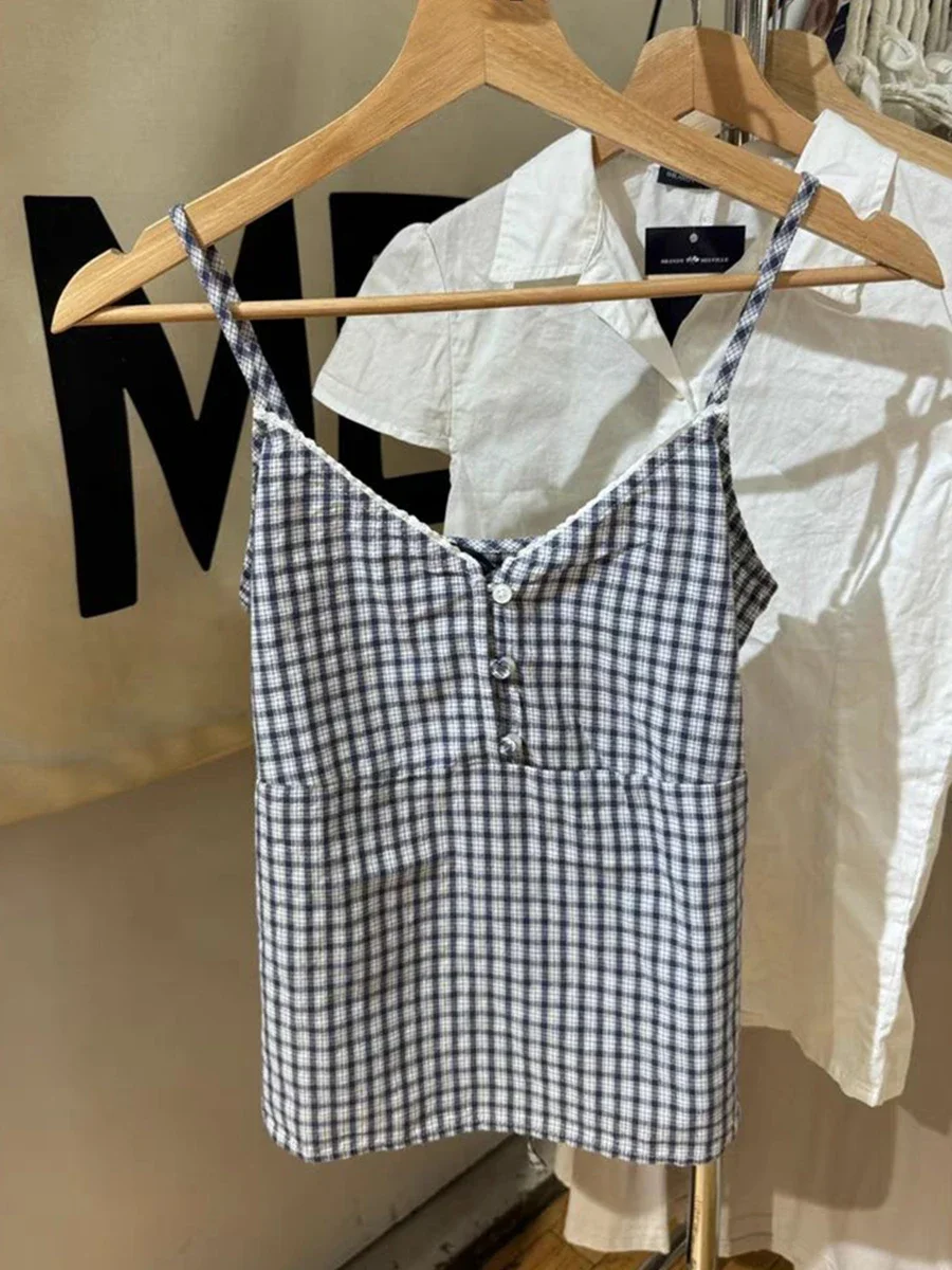 Майка женская клетчатая с V-образным вырезом винтажная Облегающая рубашка на