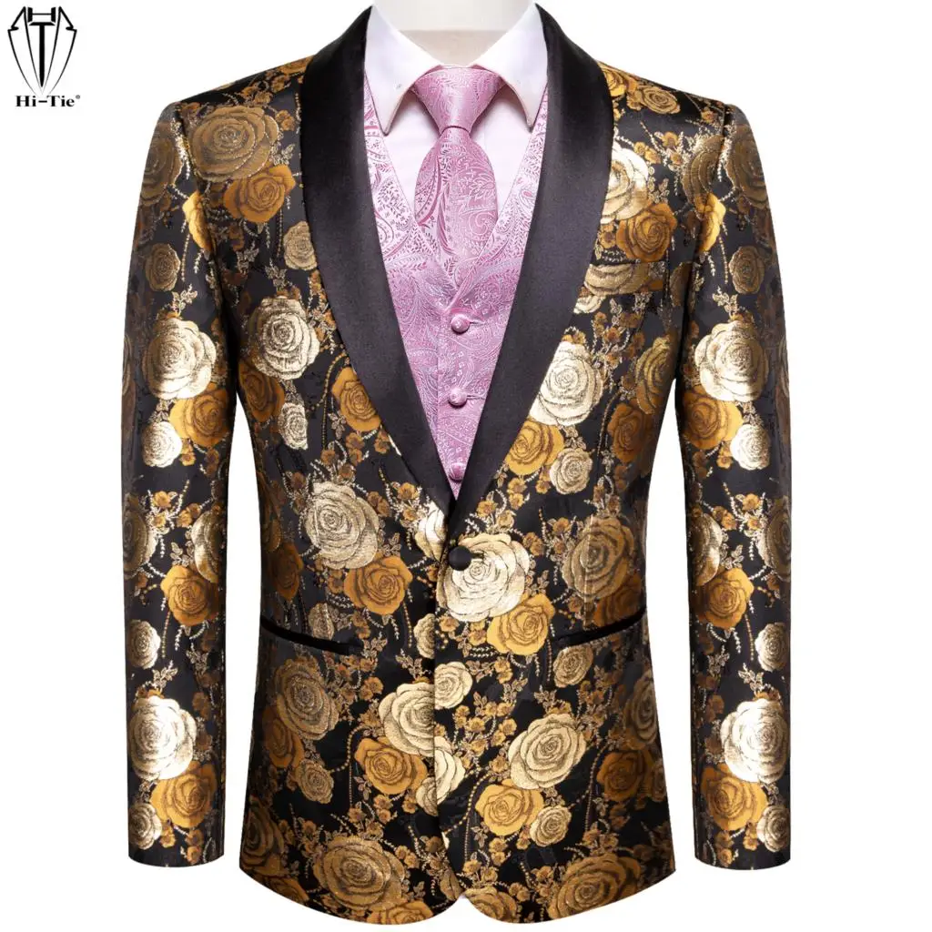 

Hi-Tie Luxury Jacquard Mens Suits Waistcoat Set Gold Floral Blazers Jacket Pink Paisley Vest Tie Pocket Square Cufflinks For Men