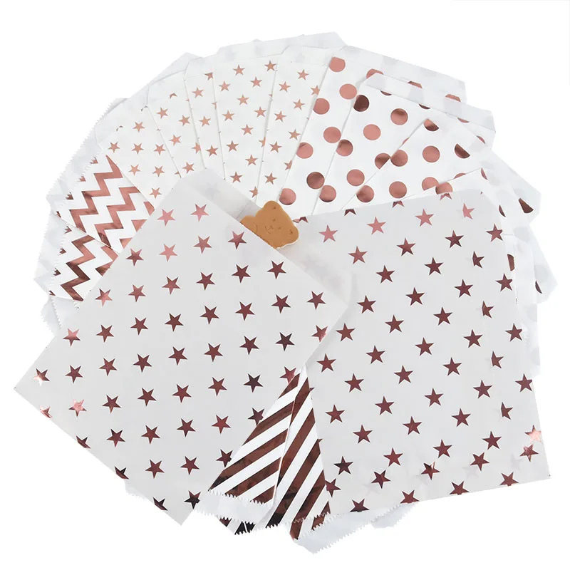 

25Pcs Rose Gold Polka Dot Star Stripe Christmas Wedding Birthday Party Favors Paper Treat Bags Candy Cookie Gift Wrapping Bag