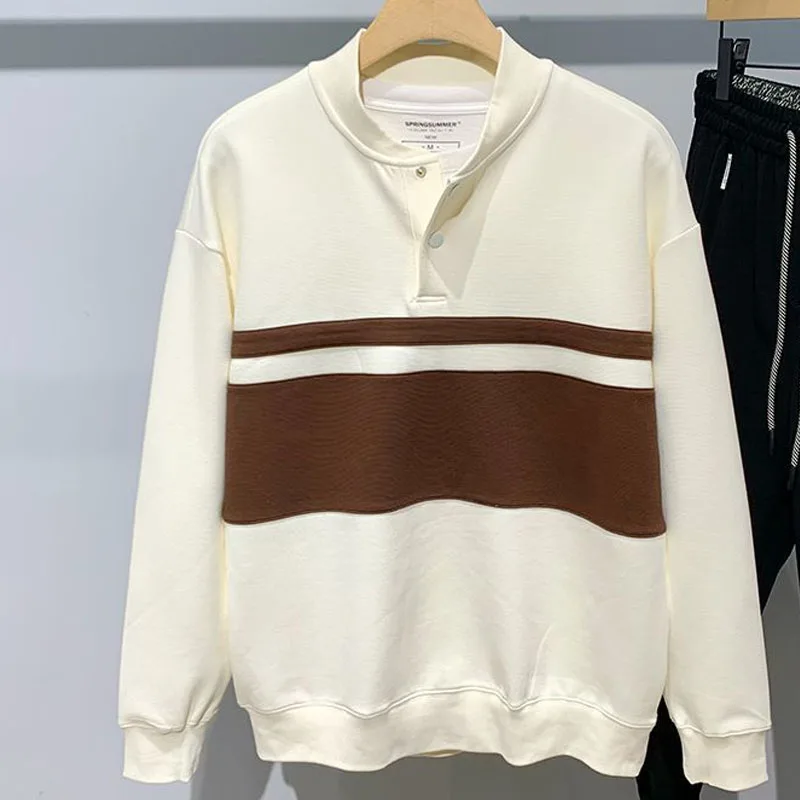 

New Spring and Autumn Fashion Trend Splicing Contrast Color Half Open Button Pullover for Men's Versatile Relaxed Relaxation