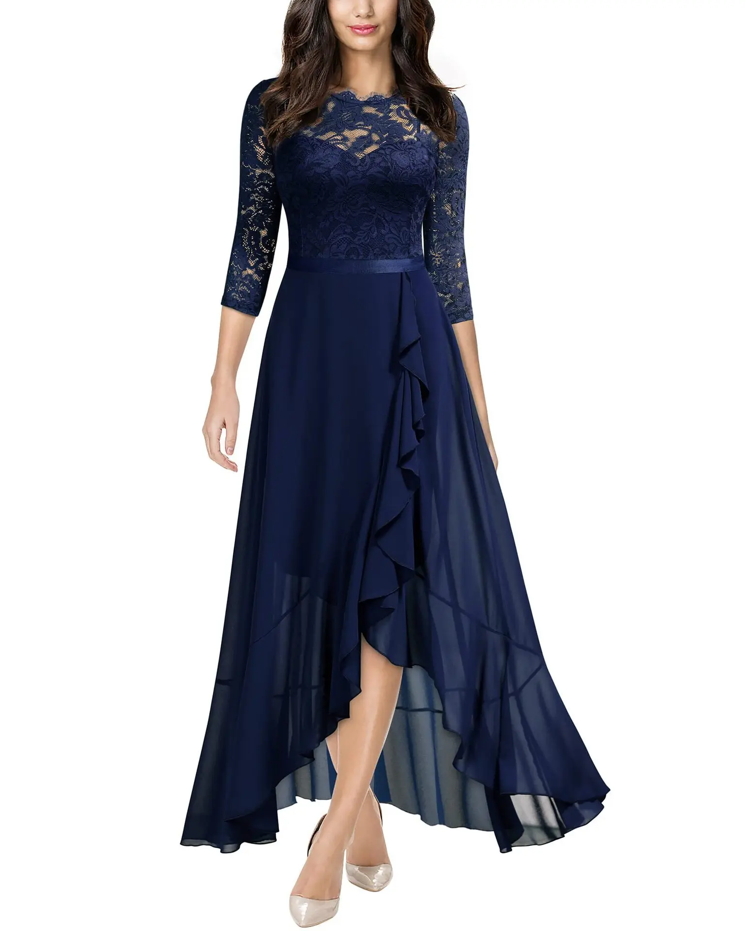 Women's Lace Dresses Stitching Fashion Round Neck Evening Gowns Elegant Temperament Hollow Women's Long Dresses Party Clothing