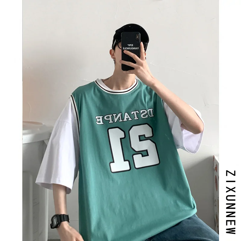 

Летняя мужская футболка для отпуска с двумя короткими рукавами в стиле Харадзюку корейская мода универсальная парная Свободная Повседневная Уличная одежда с короткими рукавами и 5 рукавами