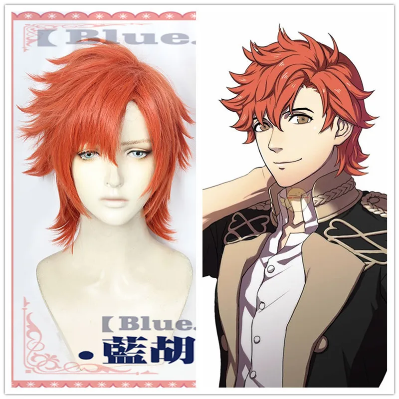 

Fire Emblem ThreeHouses Wig Cosplay Sylvain Jose Gautier Short Orange Red Side Part Hair Halloween Role Play Hair Wig+ Free Wig