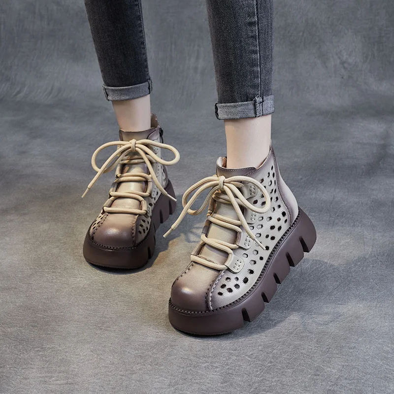 

Hollow Leather Muffin Sandals Spring and Summer New Retro Casual Short Boots Mesh Shoes Top Layer Cowhide Thick Bottom Hole Shoe