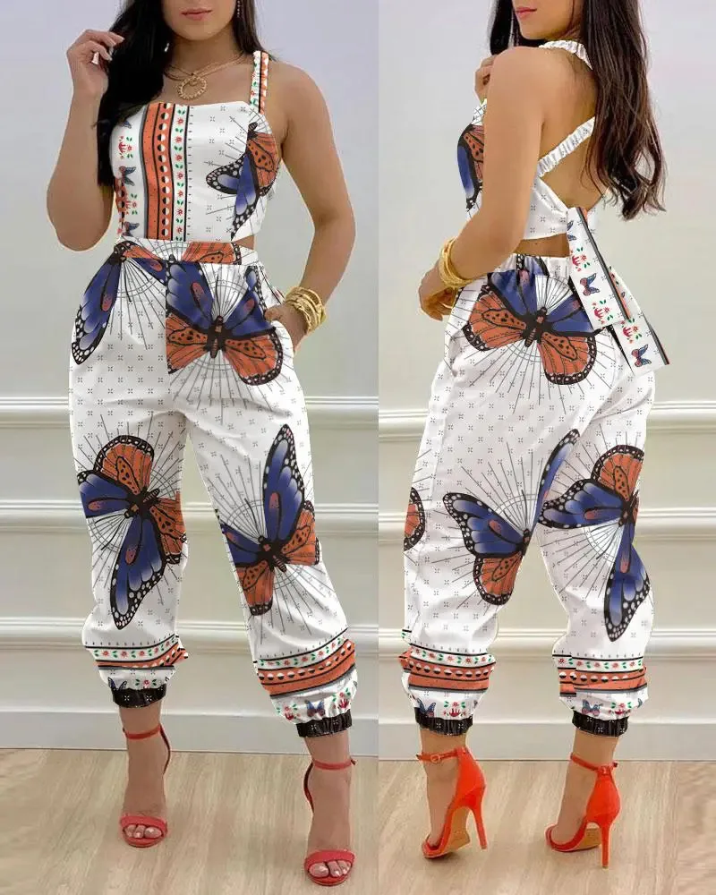 Sexy Ladies Off Shoulder Sleeveless Jumpsuit Summer Women's Casual Print Rompers Streetwear Long Playsuits Overalls With Pockets
