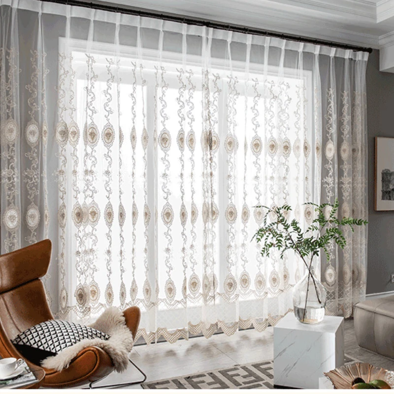 

European-style Curtains for Living Room Bedroom Flower Customize Bay Window Curtain White Embroidered Tulle Yarn French Luxury