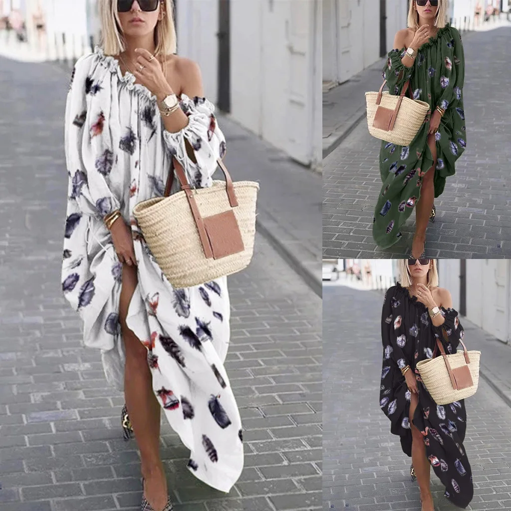 2022 Women's Summer Sexy One-shoulder Long Dress Female Printed Holiday Mujer Vestido