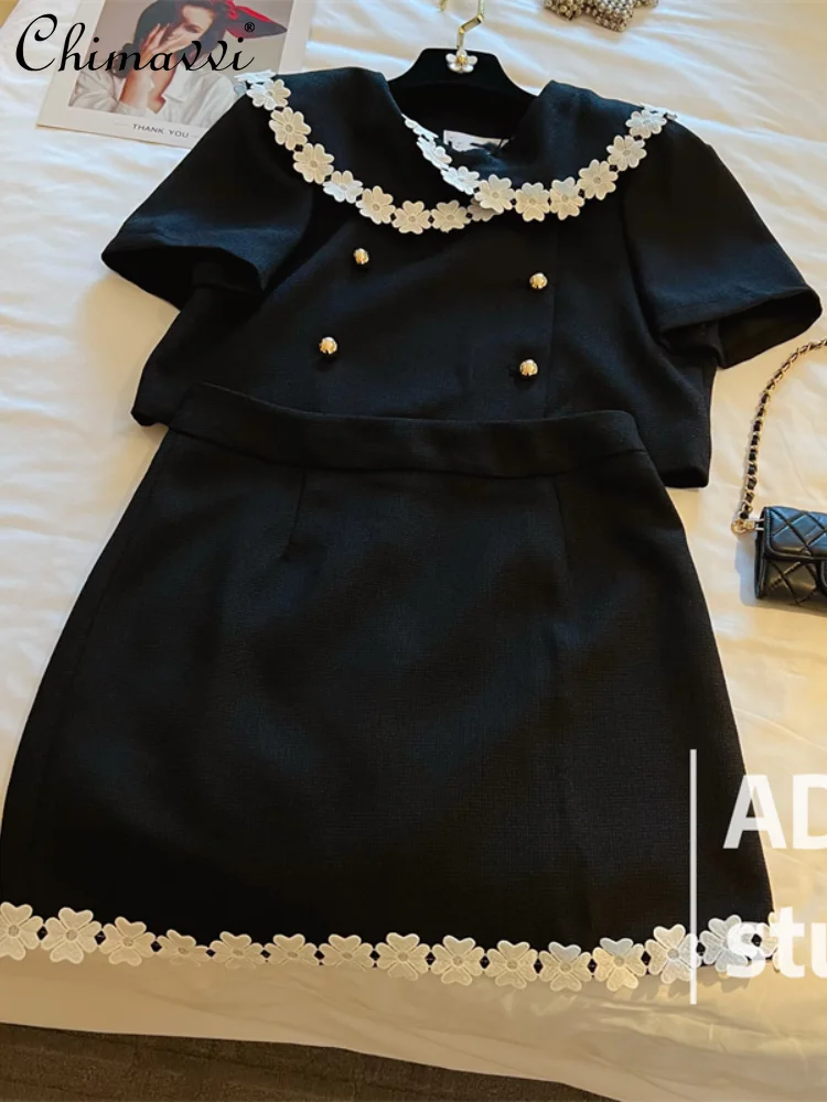 

2022 Summer New Sailor Collar Top High Waist Skirt Suit Women's Solid Color Slimming Applique Skirt Two-Piece Set for Ladies