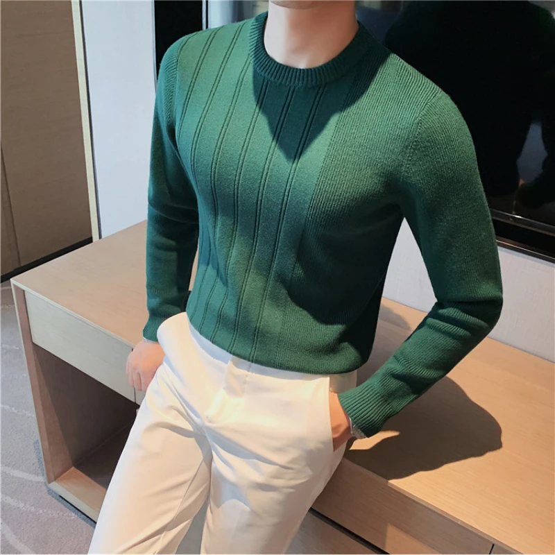 2022 Pullover Men's Sweaters Korean Casual Striped Solid Sweater Men Half High Collar Stretch Tight Sweater Slim Fit Knit Tops