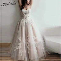 2022 champagne sleeveless wedding dresses sweetheart tulle appliques lace up backless bridal gown sweep train vestido de noiva
