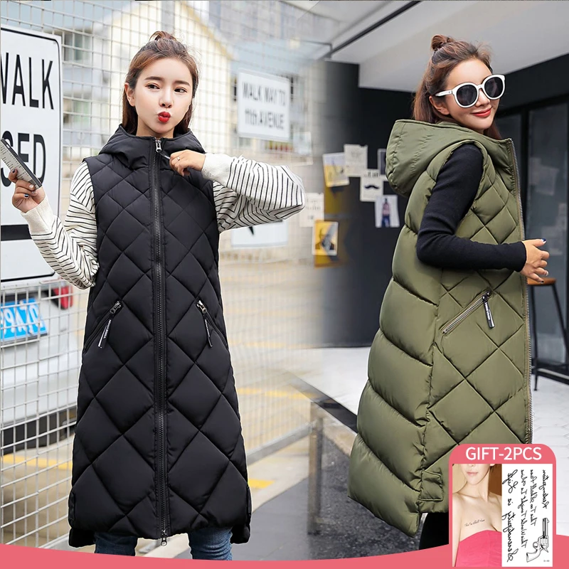 

Winter Coat Women's Sleeveless Vest Long Down Cotton Jacket Solid Color Korea Hooded Padded Vests Loose Females Fashion Coats