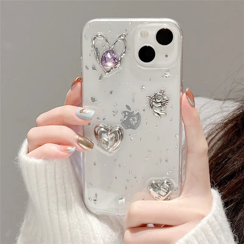 

Retro Shining Cupid Love Heart Case For Iphone 14 13 12 11 Pro XS Max X XR SE Ultra-thin Glitter 3D Epoxy Transparent Soft Cover