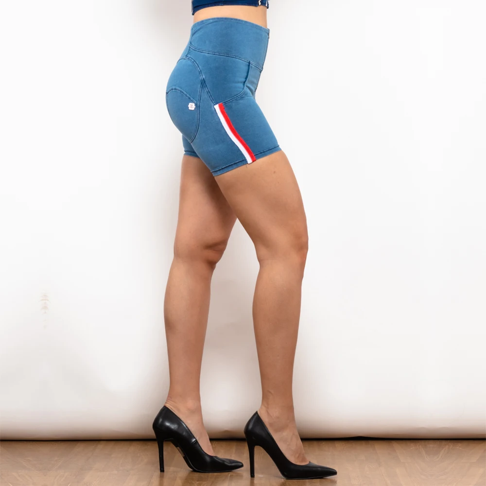 Shascullfites Melody Scrunch Bum Denim Shorts High Waist Dark Thread Light Blue Jeans with Stripe Shorts Women