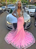 charming pink prom dress appliques beaded evening gowns for black girls mermaid birtdhay party dresses robe de bal