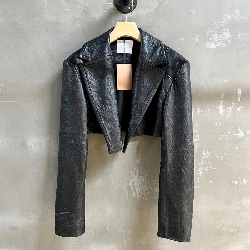Женская короткая куртка из козьей кожи с импортной складкой модное пальто для