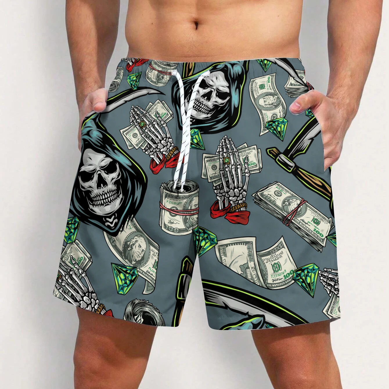 Мужские пляжные шорты для бега с 3D-принтом черепа зеленые брюки быстросохнущая