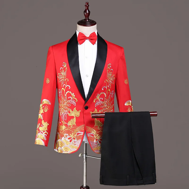 Red Shawl Blazer Suit Luxury Men 2 Piece Suit (Jacket+Pants) Wedding Groom Dress Suits Men Stage Singer Clothes Terno Masculino
