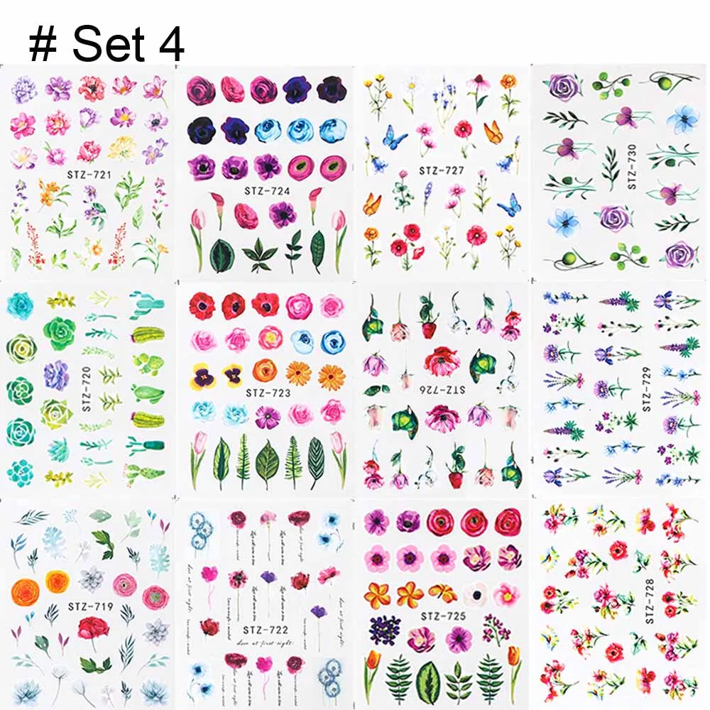12 шаблонов акварельные цветочные наклейки сухие узоры Набор наклеек для ногтей