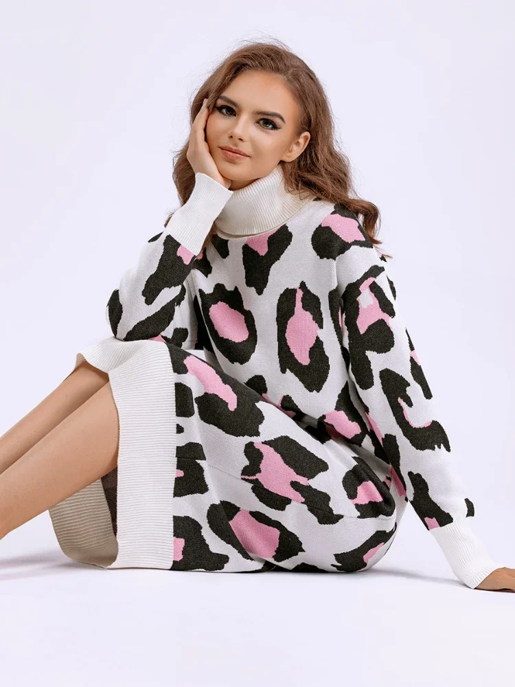 

Женское зимнее платье свободного покроя, длинное вязаное плотное теплое платье-свитер до колена с высоким воротником и леопардовым принтом, модель 2023 года
