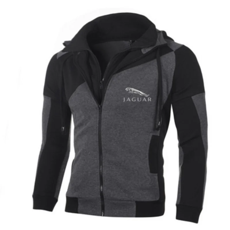 

2022New Men's Jaguar Hoodies Spring Autumn Fashion Double Zipper Patchwork Long Sleeve Jacket Hip Hop Harajuku Hoody